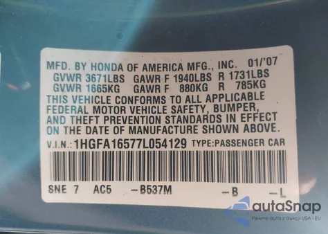 2007 Honda Civic Lx z USA, uszkodzony, nr VIN 1HGFA16577L054129